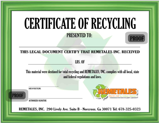 Sample recycling certificate